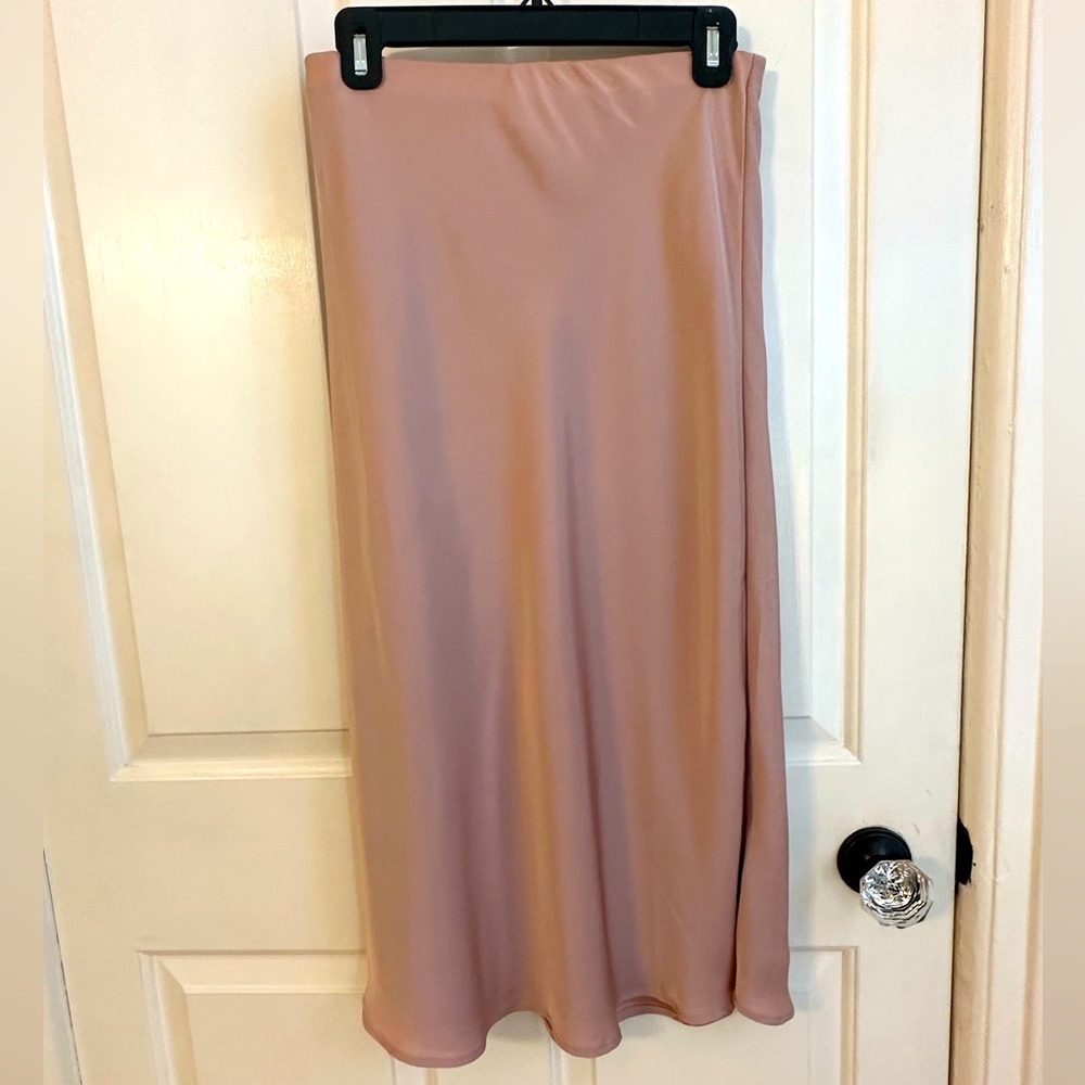 New Solid Satin Midi Skirt in Blush - Picture 4 of 5
